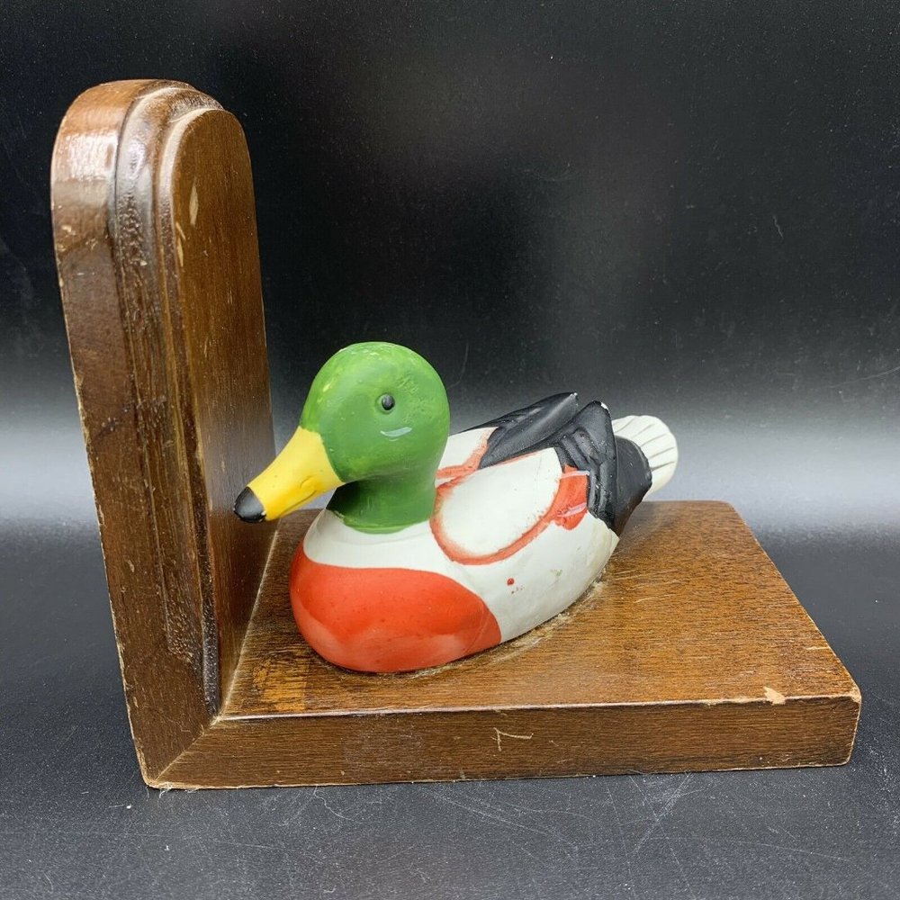 Vintage Duck Book End Ceramic Mallard Duck Wooden Bookend Single Bird Lover - Picture 1 of 9